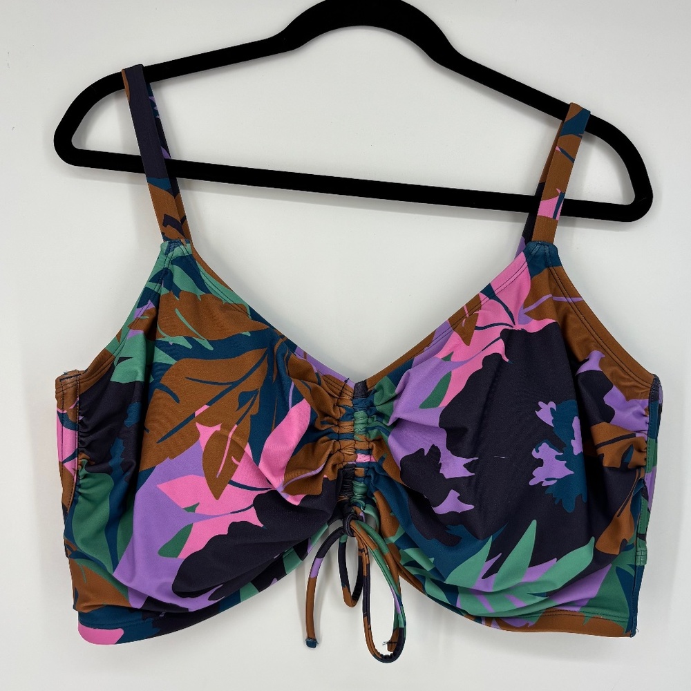 Shade & Shore Womens 2X Bikini Top Multi Color Bold Tropical Print Tie Front